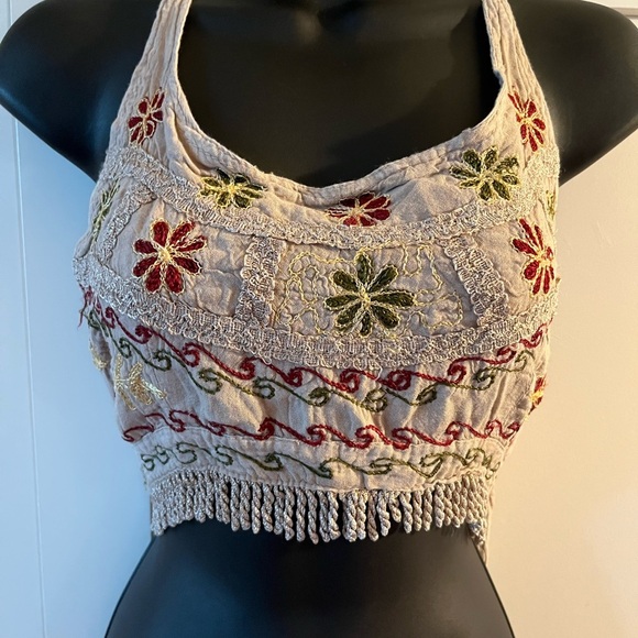 Embroidered Beige Crop Top tye back one size tassles bohemian beach festival - Picture 2 of 3